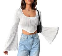 QKEPCY Crop Top Donna Y2K Manica Lunga Sexy Party Tunica Basic T-Shirt Camicetta Collo Rotondo Top Streetwear(S)