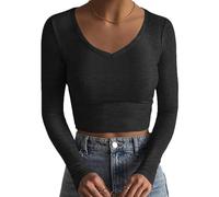 QKEPCY Crop Top Sexy Donna Maglietta a Manica Lunga in Pizzo Ragazza Top Solido Taglio Slim Ragazza Shirt Elegante Casual Discoteca Festa(S)