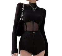 QKEPCY Donna Maglietta a Maniche Lunghe Crop Top Basic Top Trasparente Camicia Mesh Tops Sexy Manica Lunga Maglietta Trasparente Blusa Tops Slim Fit T Shirt in Tulle (S)