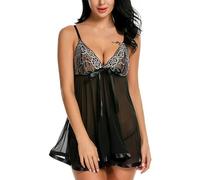 QKEPCY Lingerie Donna Pizzo Babydoll Trasparente Intimo Abbigliamento Completo Sexy Vestito Elegante con Fiocco Decorativo Camicia da Notte Reggiseno a Triangolo Abbigliamento Intimo