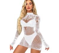 QKEPCY Lingerie Donna Pizzo Body Elegante Maniche Lunghe Collo Alto Abbigliamento Intimo Trasparente Completo Sexy Vestito Aderente Abbigliamento Notte Romantico