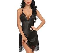 QKEPCY Camicie da Notte Donna Sexy Seta Babydoll Sottoveste Vestaglia Cinturino Regolabile Camicia da Notte Intimo con Scollo a V Spaccatura Laterale Pigiama (Nero XL)