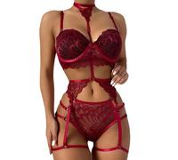 QKEPCY Lingerie Donna Pizzo Set Completo Intimo Abbigliamento Ricamato Reggiseno Pushup con Choker e Reggicalze Trasparente Mesh Floreale Elegante