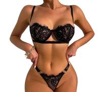 QKEPCY Lingerie Set Donna Lingerie Babydoll Teddy Donna Reggiseno Pizzo con Ferretto e Perizoma Sexy Sleepwear Slip Soft Completi Intimi(Nero L)