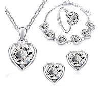 QKEPCY Parure Gioielli Donna Collana Bracciali Orecchini e Anelli Sposa Set di Gioielli da Sposa Ciondolo Cuore Cristalli Gioielli di Natale Festa Della Mamma Regalo (Bianco)