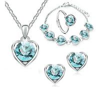 QKEPCY Parure Gioielli Donna Collana Bracciali Orecchini e Anelli Sposa Set Ciondolo Cuore Cristalli Natale Festa Della Mamma Regalo (Blu)