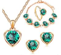 QKEPCY Parure Gioielli Donna Collana Bracciali Orecchini e Anelli Sposa Set di Gioielli da Sposa Ciondolo Cuore Cristalli Gioielli di Natale Festa Della Mamma Regalo (Verde)