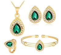 QKEPCY Parure Gioielli Set per Donna 4 Pezzi di Combinazioni Collana Bracciale Orecchini Anello Elegante Delicato lacrima Pendente Regalo Aniversario Compleanno per Moglie Sposa (Verde)