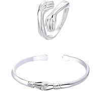QKEPCY Anello Abbraccio Anello da Abbraccio in Argento Sterling e Bracciale Regolabile Aperto Anelli Vintage Fidanzamento Argento Jewelry for Lover Wedding Christmas Valentine per Donne, Adolescenti