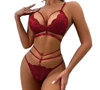 QKEPCY Sexy Lingerie Set Biancheria Intima Delle Donne Set 2-Piece Set Biancheria Intima Passione Perizoma Pigiama Regolabile In Pizzo Cinghie Di Spalla Due Reggiseni (Rosso S)