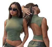 QKEPCY Canotta Donna Senza Manica Top a Collo Alto Estate Canottiera Schiena Scoperta Camicia Sexy Senza Schienale Magliette Camicetta Y2k Tank Top Casuale Lupetto Crop Top