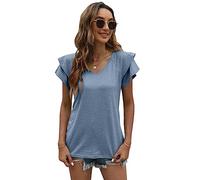 QKEPCY T Shirt Donna Estive Sbuffo Maniche Corte con Scollo a V e Balze Manica Corta Magliette Donna Elegante Rilassato Bluse e Camicie da Donna (Blu M)