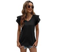 QKEPCY T Shirt Donna Estive Sbuffo Maniche Corte con Scollo a V e Balze Manica Corta Magliette Donna Elegante Rilassato Bluse e Camicie da Donna (Nero XL)