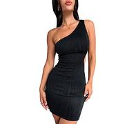 QKEPCY Vestito Donna, Abito Sexy da Donna Estivo, Abito Morbido Monospalla con Taglio A Costine Abiti Donna Mini Abito da Club Abiti da Cerimonia Vestito Vintage Elegante per Cocktail Festa (Nero S)