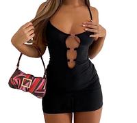 QKEPCY Donna Spaghetti Strap Senza Maniche Sexy Bodycon Vestito da Sera Taglio out Estiva Casual Nero Abito a Spalla Tinta Unita Party Cocktail Clubwear Festa (S)