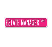 QKIODS Targa in metallo vintage con scritta "Estate Manager" (rosa), stile retrò, rustico, decorazione da parete, idea regalo, 10 x 40 cm