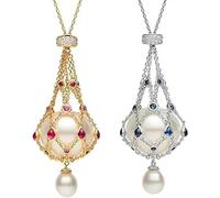Qklovni Pearl & Gemstone Lavalier Pendant,Handmade Pearl Metal Braided Mesh Necklace,Adjustable Metal Braided Mesh Crystal Holder Necklace,Promote Elegant And Confident (Sliver+Gold)