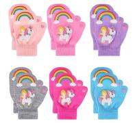 QKURT 6 Paia Guanti Invernali Caldi in Maglia per Bambine, Guanti Elasticizzati Magic Gloves Stretch Rainbow Unicorn per Bambini 1-4 Anni
