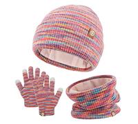 QKURT Bambini Beanie Set di guanti per sciarpa del cappello, bambini inverno termico cappuccio collo più caldo touch screen guanti morbido caldo cappello sciarpa guanto colorato per 5-10 anni