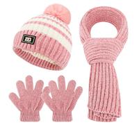 QKURT Bambini Beanie Set di guanti per sciarpa del cappello, bambini inverno termico cappuccio collo più caldo touch screen guanti morbido caldo cappello sciarpa guanto colorato per 5-10 anni