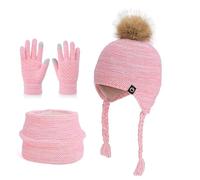 QKURT Bambini Cappello Invernale Sciarpa Guanti Set, Termici Cappelli Berretti Scaldacollo in Maglia, Sciarpa e Guanti Touchscreen per Ragazze e Ragazzi 4-10 Anni