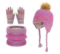 QKURT Bambini Cappello Invernale Sciarpa Guanti Set, Termici Cappelli Berretti Scaldacollo in Maglia, Sciarpa e Guanti Touchscreen per Ragazze e Ragazzi 4-10 Anni