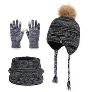 QKURT Bambini Cappello Invernale Sciarpa Guanti Set, Termici Cappelli Berretti Scaldacollo in Maglia, Sciarpa e Guanti Touchscreen per Ragazze e Ragazzi 4-10 Anni