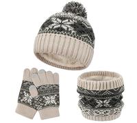 QKURT Berretti Invernali per Bambini Set di Guanti Snood, 3 in 1 Ispessimento Morbido Berretto Termico a Maglia con Pom Pom Scaldacollo Guanti Magici Set di Accessori per Ragazzi Ragazze