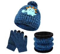 QKURT Berretti Invernali per Bambini Set di Guanti Snood, 3 in 1 Ispessimento Morbido Berretto Termico a Maglia con Motivo a Dinosauro Scaldacollo Guanti Magici Set di Accessori per Ragazzi Ragazze