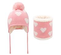QKURT Berretto Bambini Set di sciarpe per cappello, collo termico invernale scaldacollo spesso cappello lanuginoso cappello bobble morbido cappello caldo sciarpa modello d'amore per 1-5 anni