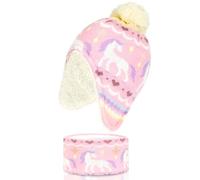 QKURT Cappello e Sciarpa per Ragazze, Sciarpa Calda Invernale Lavorata a Maglia per Bambini, Cappello in Pile, Berretto con Pompon con Paraorecchie, Set per la Stagione Fredda per 1-4 Anni