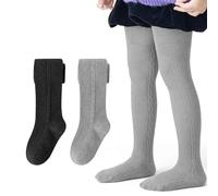 QKURT Collant Caldi per Ragazze, 2 Pack Maglieria per Bambini Scuola Uniforme, Calze in Cotone per Bambine 1-10 Anni, Nero e Grigio Scuro, 8-10 Anni