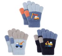 QKURT Guanti magici per bambini, 3 paia di guanti elasticizzati a dita intere, caldi guanto in maglia invernali termici, guanto per il freddo, modello escavatore per bambini e bambine da 1 a 5 anni