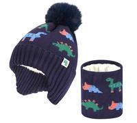 QKURT Set Cappello e Sciarpa Lavorati a Maglia Invernali per Bambini, Berretti Lavorati a Maglia Morbidi e Caldi Ispessiti Set Scaldacollo con Motivo a Dinosauro per Ragazze Ragazzi da 2 a 6 Anni