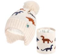 QKURT Set Cappello e Sciarpa Lavorati a Maglia Invernali per Bambini, Berretti Lavorati a Maglia Morbidi e Caldi Ispessiti Set Scaldacollo con Motivo a Dinosauro per Ragazze Ragazzi da 2 a 6 Anni