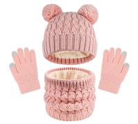 QKURT Set di berretto, sciarpa e guanti per bambini, set di accessori caldi in maglia colorata invernale, guanti per schermo touchscreen, morbido cappello caldo con pompon e sciarpa mitten