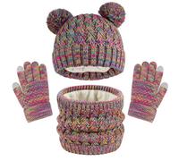 QKURT Set di berretto, sciarpa e guanti per bambini, set di accessori caldi in maglia colorata invernale, guanti per schermo touchscreen, morbido cappello caldo con pompon e sciarpa mitten