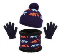 QKURT Set di cappelli invernali, sciarpe e guanti per bambini con motivo a auto, caldi e comodi cappellini lavorati a maglia, scaldacollo, guanti magici per bambini dai 3 agli 8 anni