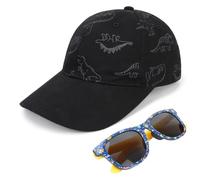 QKURT Set di Cappellino da Baseball e Occhiali da Sole con Dinosauro per Ragazzi e Ragazze, Cappellino da Camionista Estivo, Occhiali da Sole con Protezione UV per Bambini dai 2 ai 8 Anni