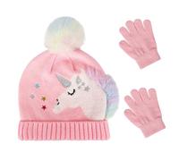 QKURT Set di Guanti per Cappelli lavorati a Maglia per Bambini, Set di Guanti Invernali caldi con Berretto Set di Guanti per Cappello con Fodera Termica Modello Unicorno per Bambini di 3~5 anni