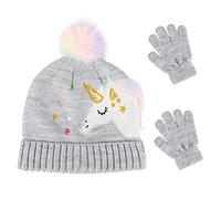 QKURT Set di Guanti per Cappelli lavorati a Maglia per Bambini, Set di Guanti Invernali caldi con Berretto Set di Guanti per Cappello con Fodera Termica Modello Unicorno per Bambini di 3~5 anni