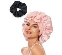 QLEUIFT 2 pcs Cuffia Seta Capelli Notte, Design A Due Livelli Cuffia In Seta Per Dormire Silk Bonnet Regolabile Turbante Sete Capeelli Notte Adatto A Donne, Oro chiaro, con 1 elastici per caepelli