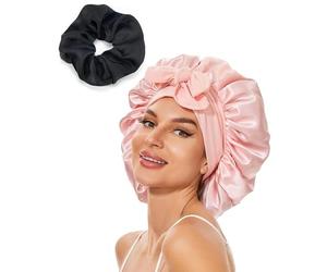 QLEUIFT 2 pcs Cuffia Seta Capelli Notte, Design A Due Livelli Cuffia In Seta Per Dormire Silk Bonnet Regolabile Turbante Sete Capeelli Notte Adatto A Donne, Oro chiaro, con 1 elastici per caepelli