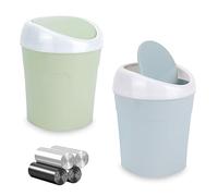 QLFJ-FurDec 2 Pezzi Mini Bidone Spazzatura, Pattumiera da Tavolo con 4 Rotoli di Sacchi Cestino Bagno con Coperchio per Bagno, Cucina, Portatile Portarifiuti, 10x12x17cm (Rosa, Verde)