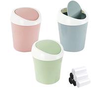 QLFJ-FurDec 3 Pezzi Mini Bidone Spazzatura, Pattumiera da Tavolo con 6 Rotoli di Sacchi Cestino Bagno con Coperchio per Bagno, Cucina, Portatile Portarifiuti, 10x12x17cm (Blu, Rosa, Verde)