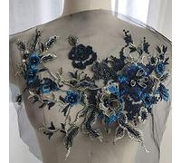 QLING Toppa ricamata 3D in pizzo con perline, motivo floreale con strass, in tulle, per scollature fai da te, abiti da sposa, vestiti, decorazioni ricamate (blu zaffiro)