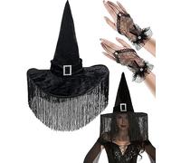 QLINLEAF Cappello da strega di Halloween, cappello a punta con nappe, accessorio per costume da mago, per cosplay, feste