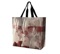 QLPTM Borsa per la spesa con due bicchieri di vino, per donne e uomini, riutilizzabile, grande, pieghevole, borsa a tracolla per la spesa, 40 x 40 x 16 cm