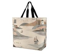 QLPTM Borsa per la spesa disegnata a mano con nave e faro per donne e uomini, riutilizzabile, grande, borsa a tracolla pieghevole, borsa per la spesa, 40 x 40 x 16 cm