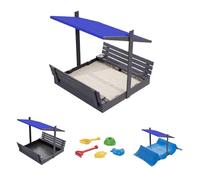 QLS Sabbiera in legno 150 x 150 cm con panchina tetto e copertura impregnata per giardino (blu, 150 cm)